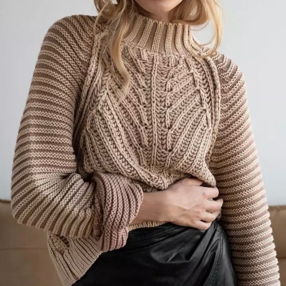 Free People My Only Sunshine Sweater Tan Cotton Cable Knit Mock Neck Large
